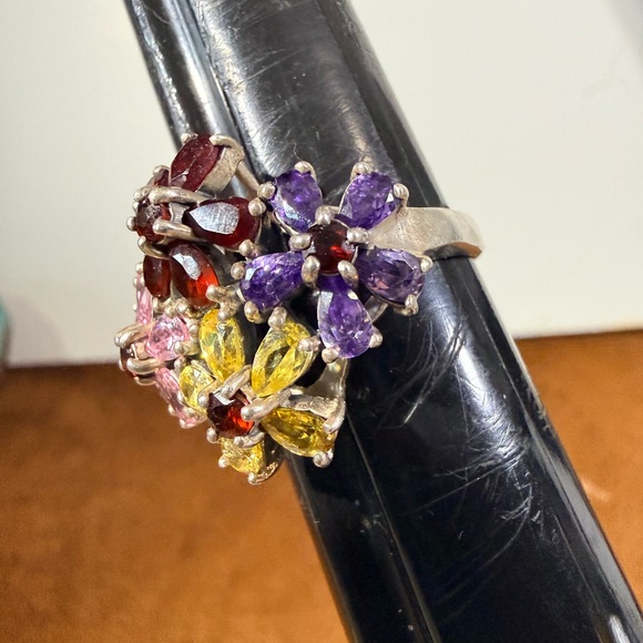 Multicolor Gemstone Flower Cluster Ring, 925 Sterling, Size 11 - Picture 2 of 8